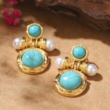 1 paire Boucles d'oreilles cloues vintage en cuivre plaqué argent 925 incrustées de turquoise et de perles pour femmes, cadeau pour rendez-vous ou fête