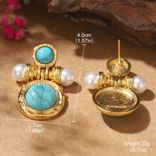 1 paire Boucles d'oreilles cloues vintage en cuivre plaqué argent 925 incrustées de turquoise et de perles pour femmes, cadeau pour rendez-vous ou fête