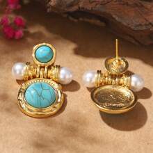 1 paire Boucles d'oreilles cloues vintage en cuivre plaqué argent 925 incrustées de turquoise et de perles pour femmes, cadeau pour rendez-vous ou fête