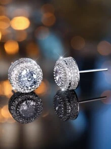 1pair Women Austria Crystal Round Earrings, Platinum & Gold-Plated, White CZ Hip Hop Wedding Studs For Women - Silver - View 4