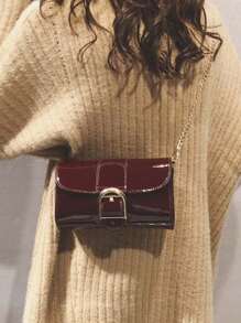 Bolso bandolera cuadrado mini de piel de poliuretano brillante y resistente al agua, de color vino tinto a juego con todo, con correa de cadena metálica, regalo ideal para Año Nuevo para mujeres, bolso burdeos de moda, bolso con inspiración retro para mujeres - Burdeos - Ver 3