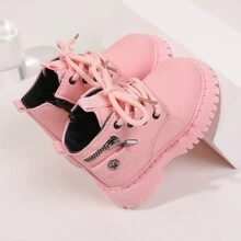 婴幼儿女童英伦风靴子，宝宝皮鞋，春秋女童鞋，儿童学步鞋，小孩鞋 - 粉色 - 查看 2