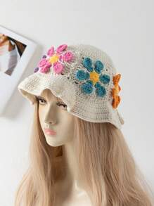 ROMWE Kawaii 1pc Women's Fashionable Y2K Handmade Crochet 3D Sunflower Bucket Hat, Suitable For Daily Outfits In Autumn And Winter Winter Outfits - Multicolor - View 9