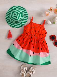 嬰兒女孩2入組休閒風格西瓜印花肩帶連身裙和帽子套裝，夏季款 - 彩色 - 查看 2