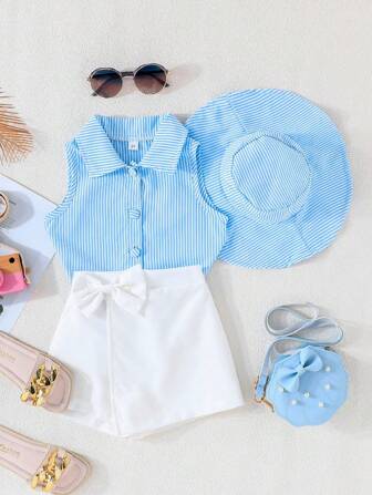 套装：条纹翻领短袖衬衫 + 无袖短款上衣 + 纯白短裤 + 小女孩帽子