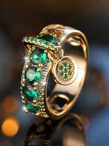 1個復古皇家藍寶石戒指，女士奢華金色訂婚戒指，圓形造型設計，附有吊墜環，適合送禮