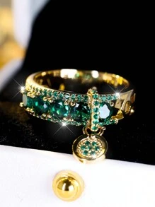 1個復古皇家藍寶石戒指，女士奢華金色訂婚戒指，圓形造型設計，附有吊墜環，適合送禮