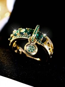 1個復古皇家藍寶石戒指，女士奢華金色訂婚戒指，圓形造型設計，附有吊墜環，適合送禮