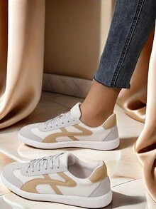 Giày trượt ván lưới thời trang dành cho nữ, Giày thể thao cổ thấp thoáng khí, Giày trượt ván lưới, Giày thể thao cổ thấp mỏng buộc dây sành điệu, Giày thể thao thông thường màu khối, Giày thể thao đế mềm có đế mềm và chi tiết buộc dây, Giày tập luyện cổ thấp thoáng khí - Màu Khaki - Xem 4