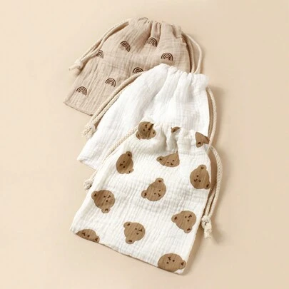 3 pièces Sac de rangement pour couches avec cordon de serrage, imprimé d'ours arc-en-ciel mignons pour bébés. Sac fourre-tout de voyage, organisateur de tri de vêtements léger. Idéal pour la décoration de douche de bébé et les cadeaux familiaux