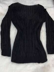 Knitting TRACA Long Sleeve Striped Blouse COLA V Plain V Neck Blouse Polyester With Elastane Ribbed Collar And Cuff ONE SIZE 36-40 - 黑色 - 查看 2