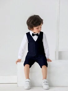 Young Boy Gentleman Suit With Bow Tie, Long Sleeve Shirt And Vest Shorts, Suitable For Birthday Party, Wedding, Performance And Banquet