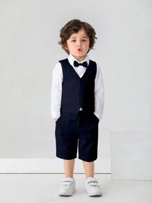 Young Boy Gentleman Suit With Bow Tie, Long Sleeve Shirt And Vest Shorts, Suitable For Birthday Party, Wedding, Performance And Banquet