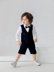 Young Boy Gentleman Suit With Bow Tie, Long Sleeve Shirt And Vest Shorts, Suitable For Birthday Party, Wedding, Performance And Banquet