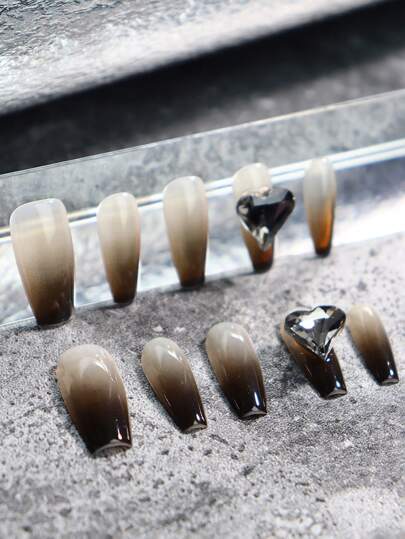 10個セット ロングコフィン  手作りネイル バラエティ豊かでクールな岩のネイル、グラデーションブラック、3D装飾、ラインストーンデコレーション、ダークゴシック、エレガントなフルカバーアクリルフェイクネイルセット、女性や女の子への贈り物に最適