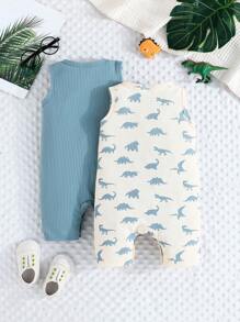 Baby Boy Summer Solid Color Romper And Cute Dinosaur Printed Romper 2pcs Crawling Suit