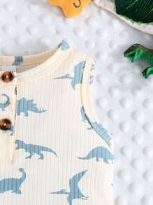 Baby Boy Summer Solid Color Romper And Cute Dinosaur Printed Romper 2pcs Crawling Suit