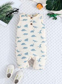 Baby Boy Summer Solid Color Romper And Cute Dinosaur Printed Romper 2pcs Crawling Suit
