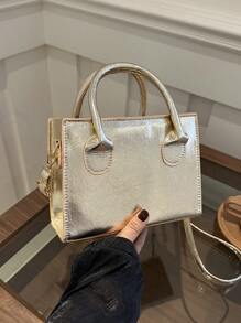 Nuovi arrivi Borse a mano piccole per donne 2022 Stile coreano di moda tendenza, Borse a tracolla eleganti e con manici in alto, Borse tote mini con capacità ampia in colore unito - Dorato - Visualizzare 2