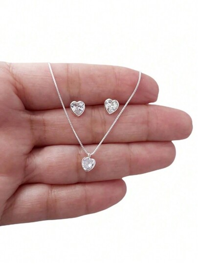 Papillon Semi Jóias Kit Colar E Brinco Ponto De Luz Coração Folheado/Banhado Prata 925 a ouro 18k