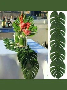 10pcs Artificial Palm Leaves Turtleback Leaf Jungle Beach Party Theme Flower Arrangement Accessories Cup Mat Party Decorations, Saudi National Day,Christmas - Green - View 3