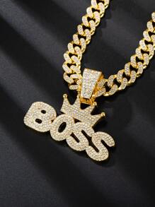 2pcs Couple's Gold Plated 3D Rhinestone Crown QUEEN And BOSS Chain Necklace, Hip-Hop Alphabet King Crown Pendant Necklace For Daily Wear, Valentine's Day Gift - Yellow Gold - View 7