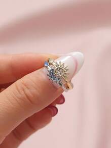 1 Cặp Nhẫn Đồng Xếp Chồng Thiết Kế Sáng Tạo Sang Trọng Phong Cách Châu Âu Và Châu Mỹ Đính Đá Mặt Trời Và Mặt Trăng Cho Nữ, Thích Hợp Cho Ngày Lễ Tình Nhân, Đám Cưới, Sinh Nhật, Tiệc Tùng Và Sử Dụng Hàng Ngày, Mẹ, Mẹ, Ngày Của Mẹ, Quà Tặng - vòng mặt trời và mặt trăng - Xem 3