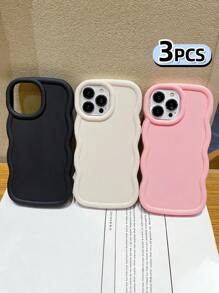 3pcs Dopamine-Themed Wavy Textured Phone Cases, Black/White/Pink Color, Compatible With IPhone & Galaxy - Multicolor - View 2