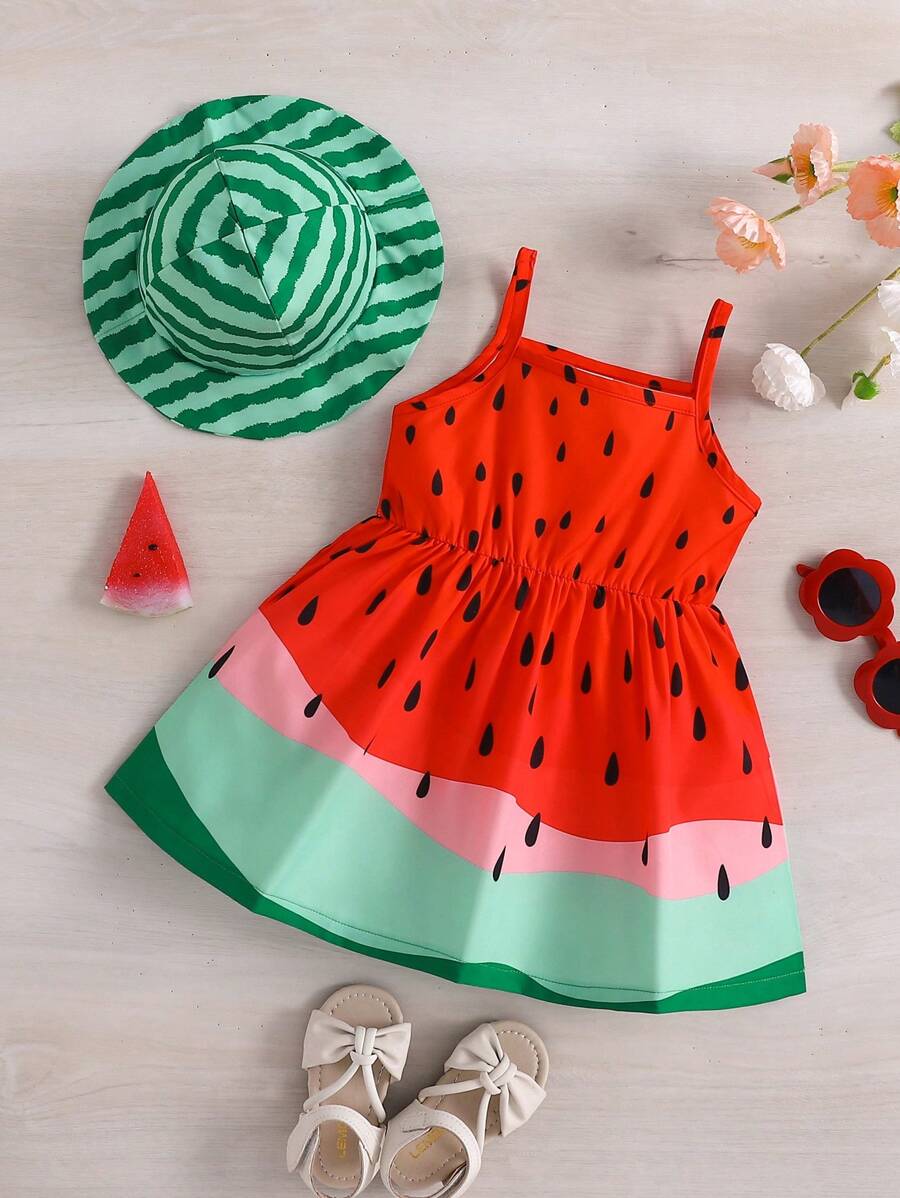 嬰兒女孩2入組休閒風格西瓜印花肩帶連身裙和帽子套裝，夏季款 - 彩色 - 查看 1