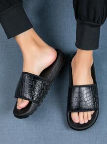 Men's Black Crocodile Pattern Casual Slippers, Soft Sole, Slip-Resistant Indoor Outdoor Slippers - Black - View 2