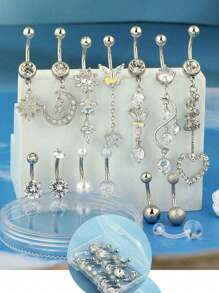 14入組14G女用肚臍環，CZ吊墜彎形肚臍杠針體穿刺首飾，含禮品盒 - 肚環 - 查看 1