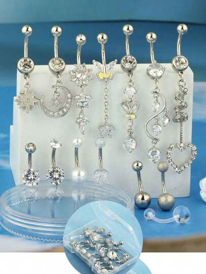 14入組14G女用肚臍環，CZ吊墜彎形肚臍杠針體穿刺首飾，含禮品盒