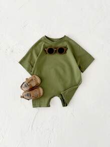 中性嬰兒夏季輕盈休閒純色柔軟鈕扣爬服 - 綠色 - 查看 4