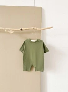 中性嬰兒夏季輕盈休閒純色柔軟鈕扣爬服 - 綠色 - 查看 3