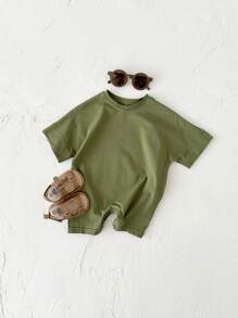 中性嬰兒夏季輕盈休閒純色柔軟鈕扣爬服 - 綠色 - 查看 5