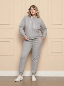 Conjunto Moletom De Frio Feminina Plus Size Blusa+Calça Com Ziper e Capuz - Cinza - Visão 4