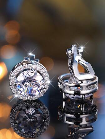 1 Pair Luxury Female White Crystal Earrings Charm Silver Color Round Clip Earrings For Women Vintage Wedding Earrings