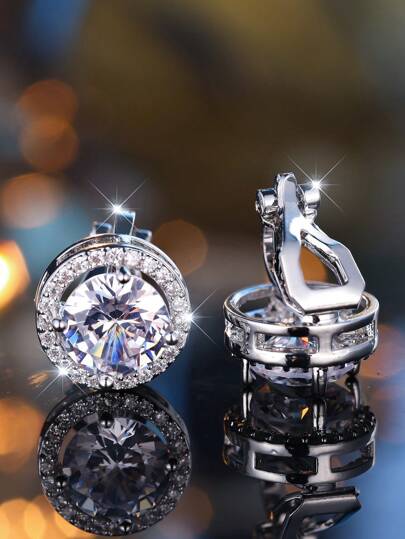 1 Pair Luxury Women's White Crystal Earrings, Silver Round Clip-On Earrings, Vintage Wedding Earrings