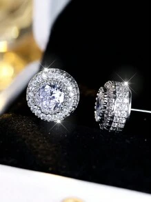1pair Women Austria Crystal Round Earrings, Platinum & Gold-Plated, White CZ Hip Hop Wedding Studs For Women - Silver - View 5