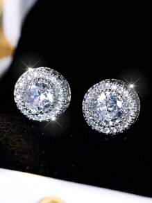 1pair Women Austria Crystal Round Earrings, Platinum & Gold-Plated, White CZ Hip Hop Wedding Studs For Women - Silver - View 2