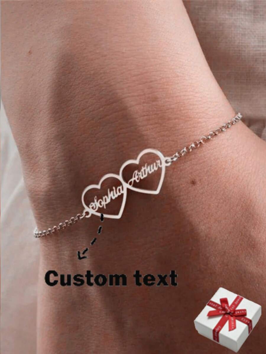 Vòng tay thép không gỉ hình trái tim tùy chỉnh có nhiều tên, trang sức dây chuyền cho phụ nữ, quà tặng ngày lễ tình nhân - Bạc - Xem 1