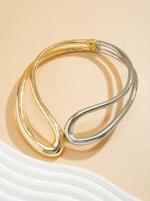 1pc Vintage Asymmetrical Multi-Layer Hollow Out Metallic Open Choker Necklace & Bracelet Set For Women, Golden & Silver, Charismatic Gift For Everyday Outfit - Gold + Silver - View 15