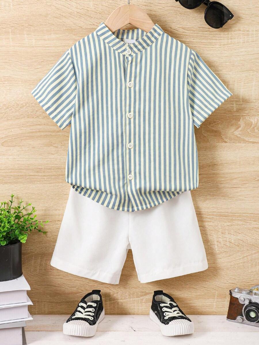 男童條紋短袖立領襯衫和短褲套裝 - 淺藍色 - 查看 1
