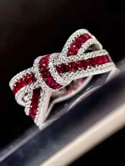 優雅承諾戒指，時尚蝴蝶結設計鍍銀鋪鑲閃亮寶石訂婚結婚戒指，晚會裝飾禮物送給她