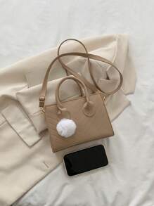 Fashionable Simple Portable Crossbody Bag With Pom-Pom Pendant - Khaki - View 4