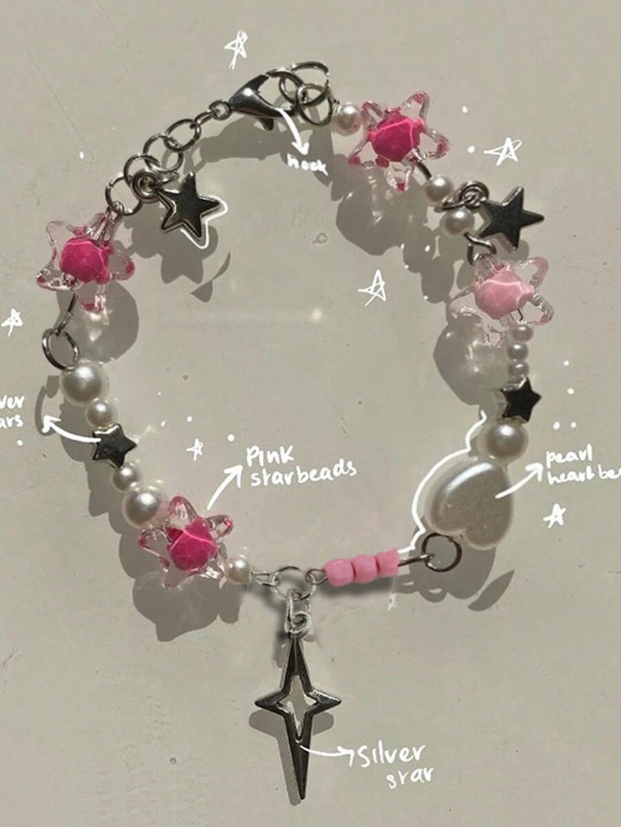 1 Miếng vui tươi & Mát mẻ Y2K Phong cách Nhìn xuyên qua Kim loại Vòng tay cườm Với Ngôi sao & Tim Đối với phụ nữ , Mặc hàng ngày - Nhiều màu - Xem 1