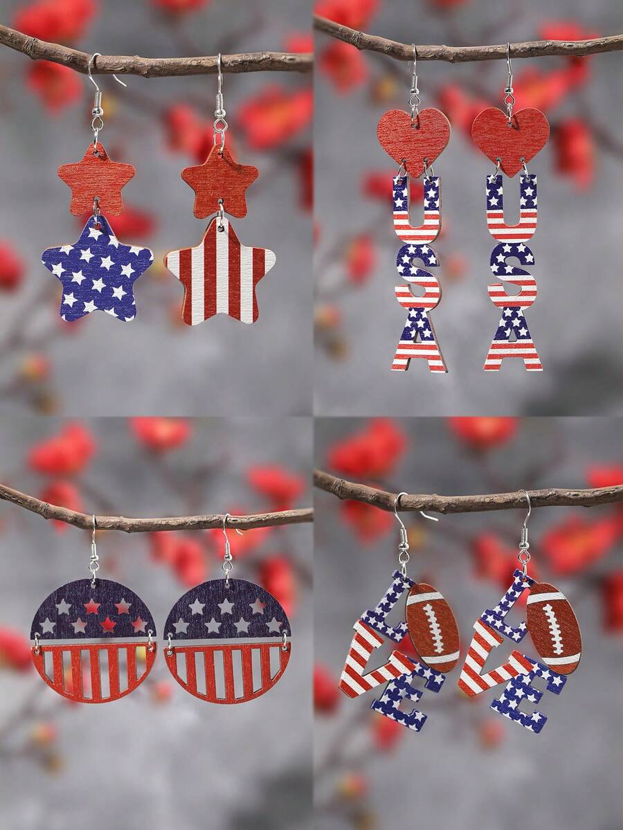 1 cặp Hoa Kỳ bằng gỗ thiết kế vui tươi lễ kỷ niệm màu cờ Hoa Kỳ ngôi sao hoa tai thả cho phụ nữ cô gái cho bữa tiệc của người Mỹ ngày 4 tháng 7 Ngày độc lập tại Hoa Kỳ Phụ kiện trang sức - Nhiều màu - Xem 1