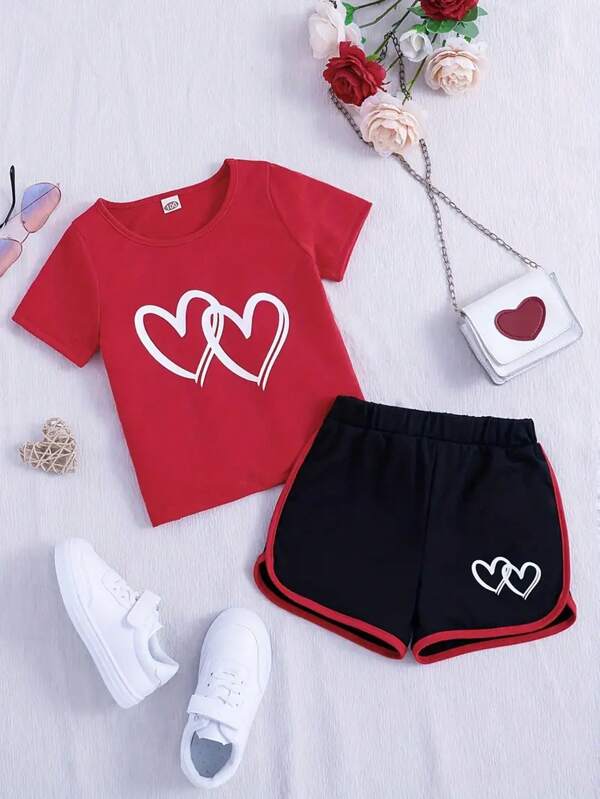 Young Girl Heart Printed Short Sleeve T-Shirt And Shorts Set, Summer, 3-7 Years Old
