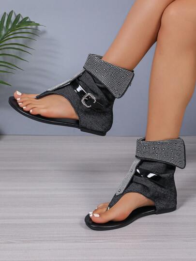 Women's Rhinestone Decor Flat Sandals, Casual Thong Summer Shoes, Lightweight Slip On Sandals