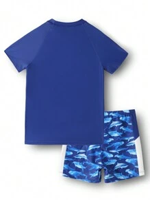 2pcs Kids Polyester Fabric Boys Sporty Split Swimsuit Set - Blue - View 3